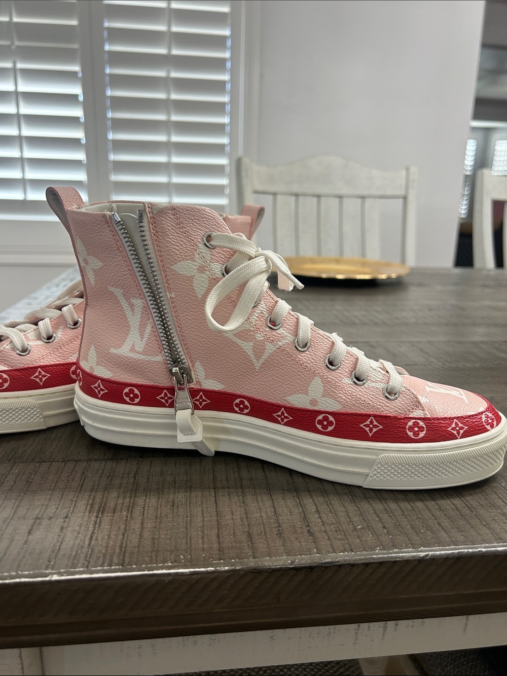 Louis Vuitton Pink and Red Monogram High-Top Sneakers - Picture 2 of 4